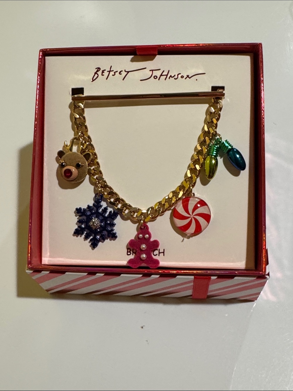 Betsey Johnson Gold Holiday Charm Bracelet with Red, Pink & Green Accents